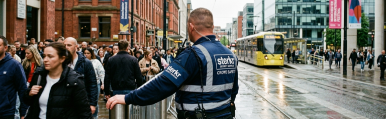 Photo — stewards managing an event entrance queue