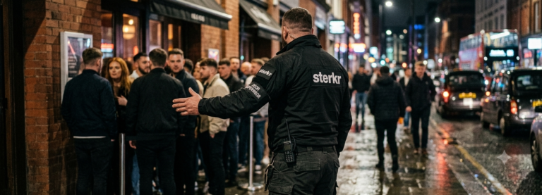 Photo — officer walking a site perimeter at dusk